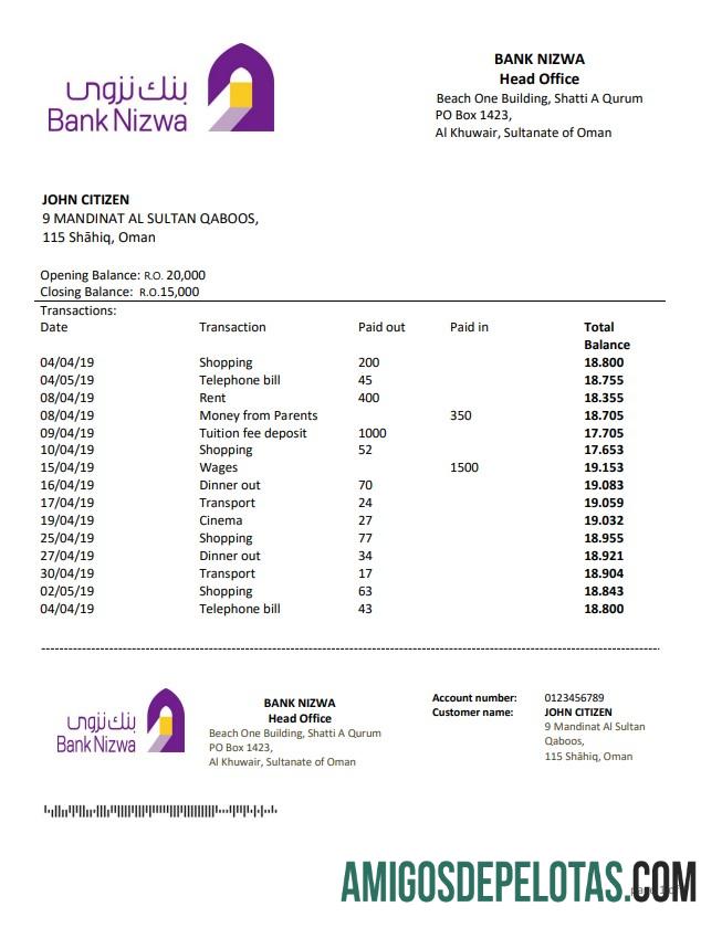 Modelo de extrato bancário do Oman Bank Nijba